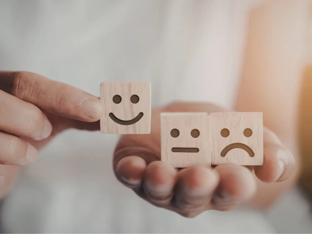 感情表現が描かれているブロックから笑顔のブロックを選んでいる